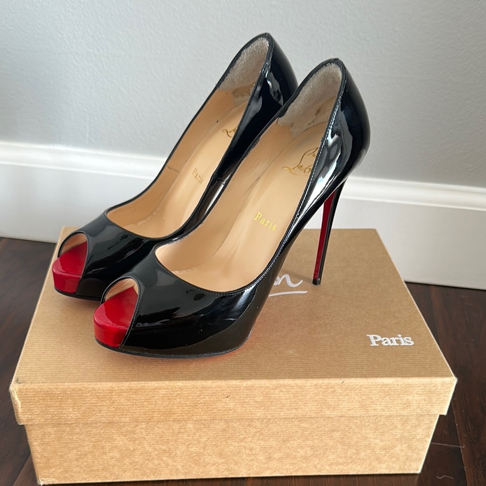 Christian Louboutin Glossy Black and Red Peep Toe Heels